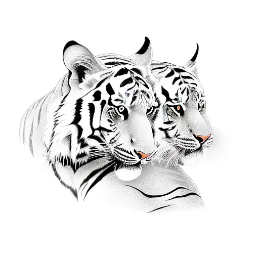 side profile of two tigers facing each other one black and white and the other coloured  tattoo design idea