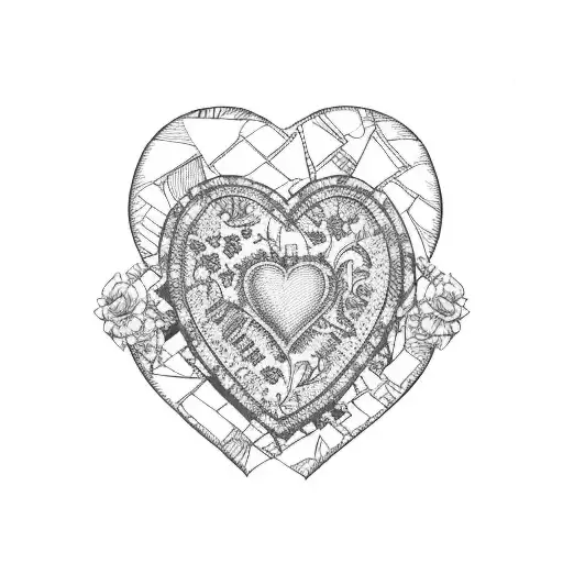 patchwork quilt shaped like a heart in printsin blue with the words I love you, Granny Rosa written in the stitching  tattoo design idea