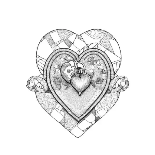 patchwork quilt shaped like a heart in printsin blue with the words I love you, Granny Rosa written in the stitching  tattoo design idea