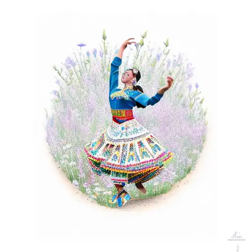 A realistic illustration of a Mexican folklorico dancer gracefully leaping amidst a field of wildflowers tattoo design idea
