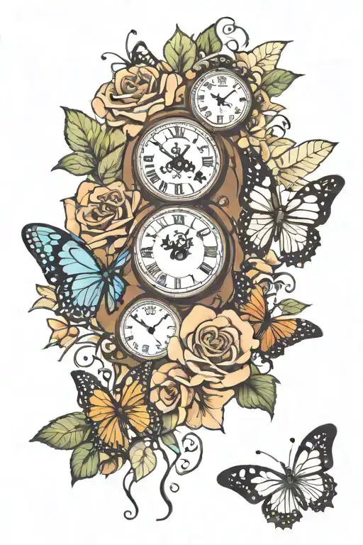 Butterflies, prim roses, violets, clocks  tattoo design idea