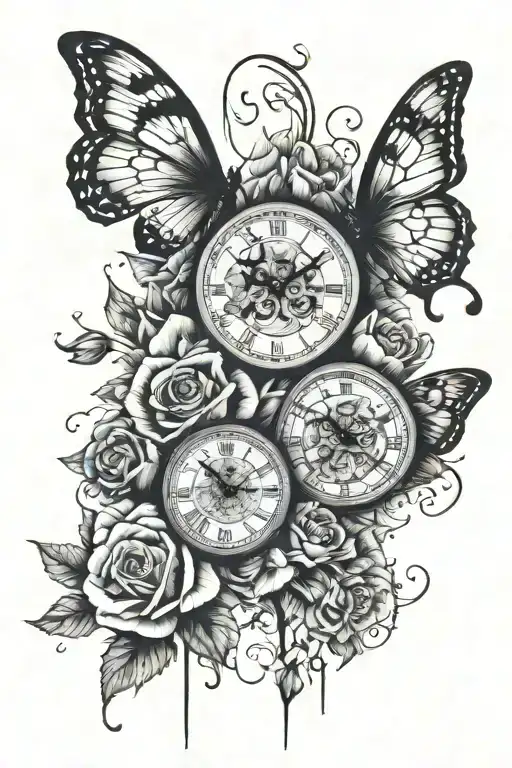 butterflies, clocks, roses, half face morphing tattoo design idea