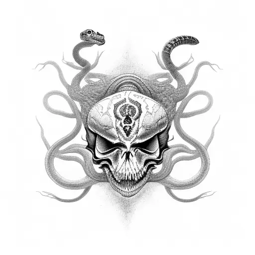 An intricate black and grey tattoo of a venomous snake coiled around a skull tattoo design idea