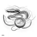 A black-grey tattoo of a snake shedding its skin with a backdrop of dark clouds and lightning tattoo design idea