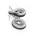 A black-grey tattoo of a snake shedding its skin with a backdrop of dark clouds and lightning tattoo design idea
