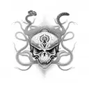 An intricate black and grey tattoo of a venomous snake coiled around a skull tattoo design idea