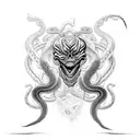 An intricate black and grey tattoo of a venomous snake coiled around a skull tattoo design idea