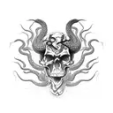 An intricate black and grey tattoo of a venomous snake coiled around a skull tattoo design idea