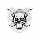 An intricate black and grey tattoo of a venomous snake coiled around a skull tattoo design idea