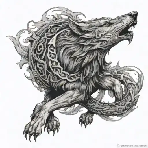 A dynamic and detailed tattoo design featuring the Norse wolf Fenrir in a fierce battle with the world serpent during Ragnarök tattoo design idea
