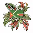 suriname flag with feathers and culture and music surinamese plants in black tattoo design idea