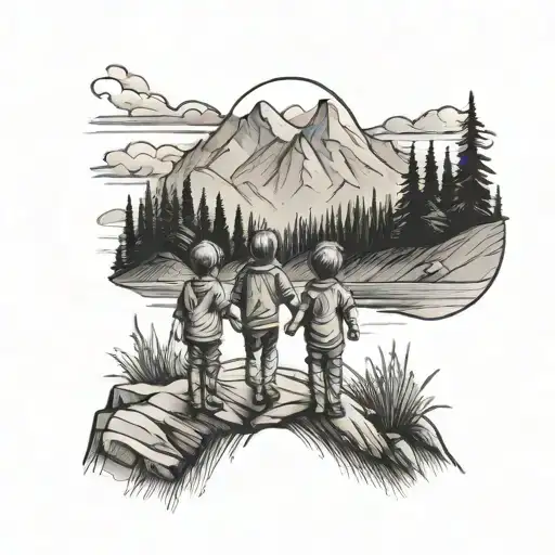 moutain lac and children holding hands tattoo design idea