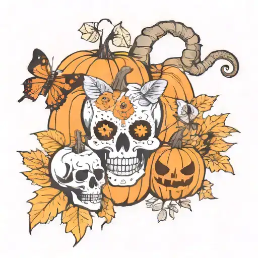 skull pumpkins unicorn butterfly fall leaves ghost death moth fire department tattoo design idea