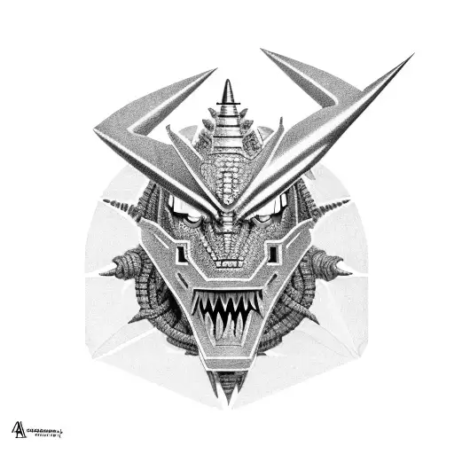 An intricate portrait of Aggron with its metallic armor shining in a realistic style tattoo design idea