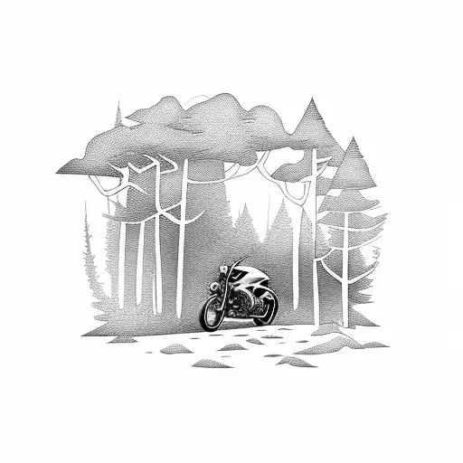 A tattoo of a motorcycle speeding through a forest landscape tattoo design idea