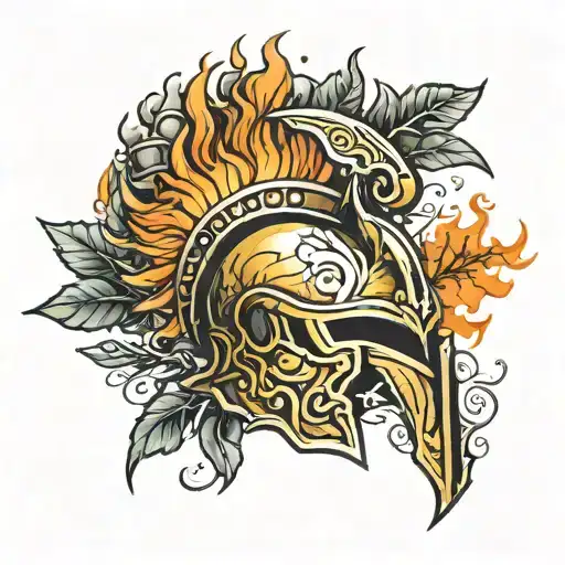 a spartan helmet engulfed in flames surrounded by laurel leaf crown tattoo design idea