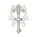 An abstract tattoo design of a vintage key and sword crossing each other, reflecting the client's interest in antiques and weapons tattoo design idea