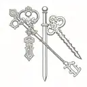 An abstract tattoo design of a vintage key and sword crossing each other, reflecting the client's interest in antiques and weapons tattoo design idea