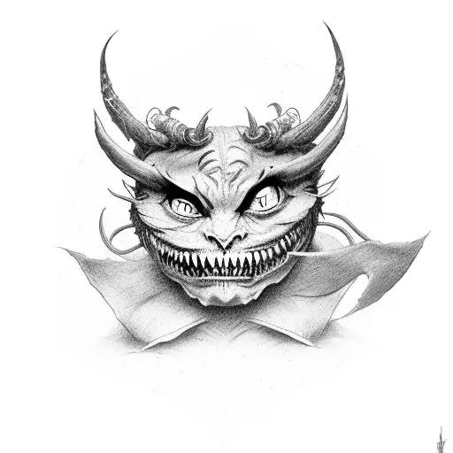 a demon with a lens instead of a face and a smile of a Cheshire cat tattoo design idea