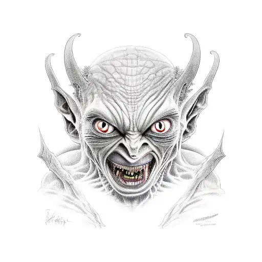 a sitting demon with the body of Gollum, a lens instead of a face and the smile of a Cheshire cat tattoo design idea