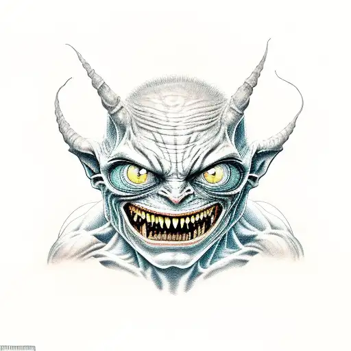 a demon with the body of Gollum, a lens instead of a face and the smile of a Cheshire cat tattoo design idea