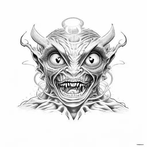 a sitting demon with the body of Gollum, a lens instead of a face and the smile of a Cheshire cat tattoo design idea