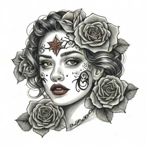 Beautiful girl with big black eyes, face to face angle, red lips, little star tattoo under her left eye, red rose tattoo tattoo design idea