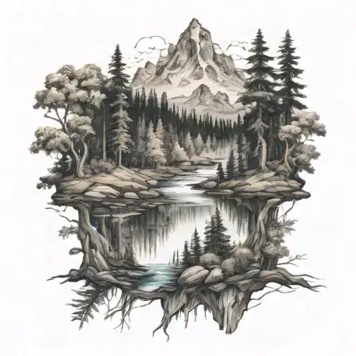 Forest, mountains and river. The forest is on the sides and the forest occupies the main space of the sketch. Medium siz tattoo design idea