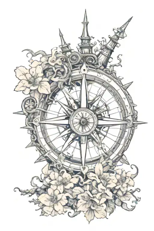 Kraken emerging from the depths, a rudder with a compass and a clock, surround with cherry blossoms tattoo design idea