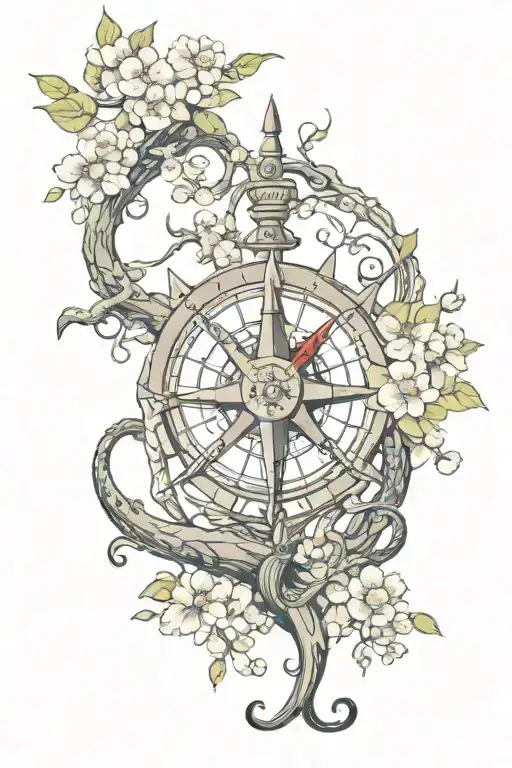 Kraken emerging from the depths, a rudder with a compass and a clock, surround with cherry blossoms tattoo design idea