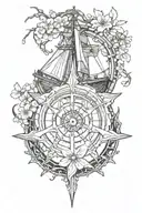 Kraken emerging from the depths, a rudder with a compass and a clock, surround with cherry blossoms tattoo design idea