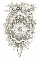 Kraken emerging from the depths, a rudder with a compass and a clock, surround with cherry blossoms tattoo design idea