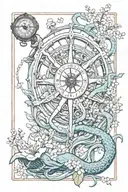 Kraken emerging from the depths, a rudder with a compass and a clock, surround with cherry blossoms tattoo design idea