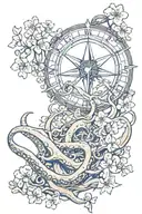 Kraken emerging from the depths, a rudder with a compass and a clock, surround with cherry blossoms tattoo design idea