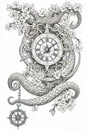 Kraken emerging from the depths, a rudder with a compass and a clock, surround with cherry blossoms tattoo design idea
