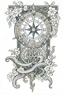 Kraken emerging from the depths, a rudder with a compass and a clock, surround with cherry blossoms tattoo design idea