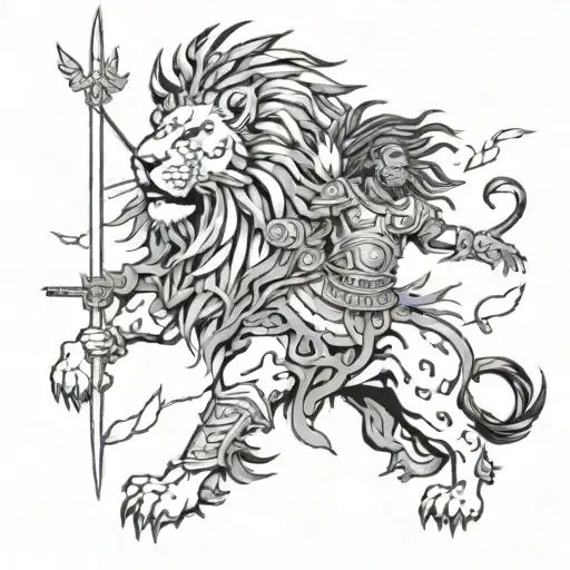 warrior and lion with feathers surrounding tattoo design idea