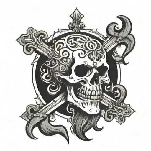cross bones with skull in center with a long white mustache tattoo design idea