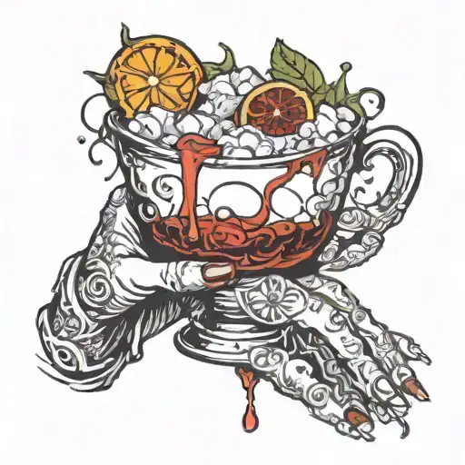 Fluid armband (letter to be determined) dripping liquor into a thorn-covered classic Negroni cup. A dizzy little man curled up on the ice tattoo design idea