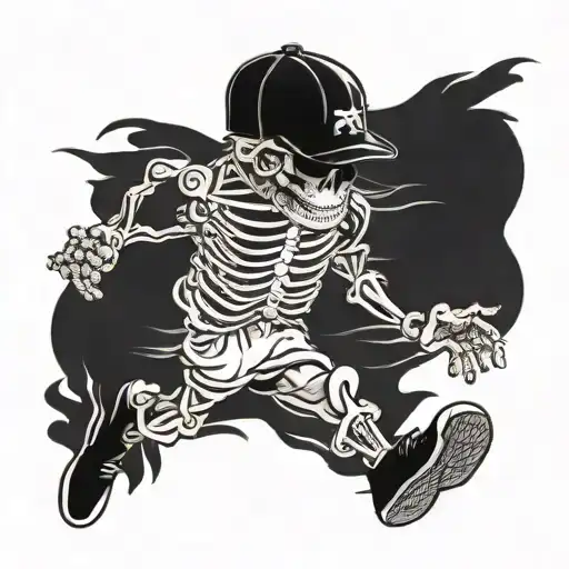 running guy skeleton  with cap sunglasses sneakers and looks happy tattoo design idea