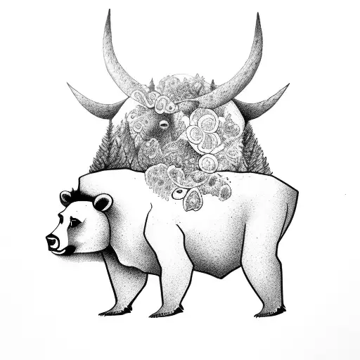 a bear and a cow surrended by nature tattoo design idea