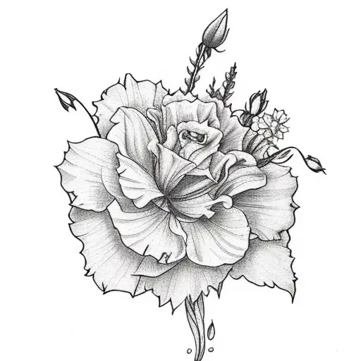 thigh tattoo with carnation, daffodil, honeysuckle, rose, larkspur, gladiolus, morning glory, marigold, cosmos, peony tattoo design idea