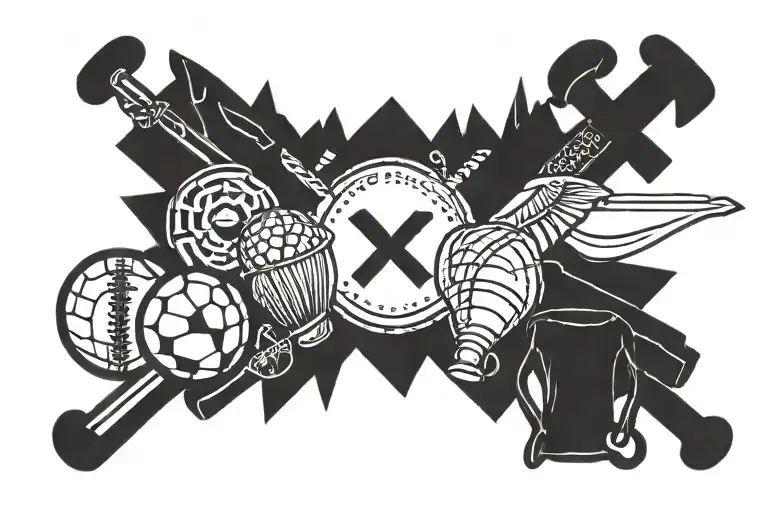 Incorporate a family motto or quote surrounded by sports equipment and managerial symbols in a cohesive design tattoo design idea