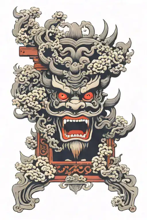 Japanese torii are red in color, wrapped in smoke rising up and forming Oni mask over the gate. tattoo design idea