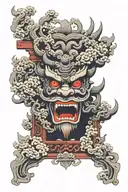 Japanese torii are red in color, wrapped in smoke rising up and forming Oni mask over the gate. tattoo design idea