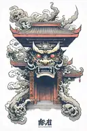 Japanese torii are red in color, wrapped in smoke rising up and forming Oni mask over the gate. tattoo design idea