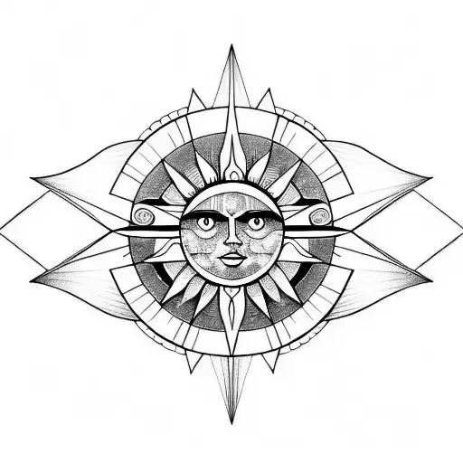 Geometric Sun with face echoes tattoo design idea