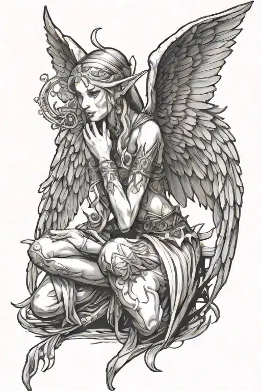 the complete drawing of an elf standing on her knees dressed with gigantic wings with her hands in a praying position tattoo design idea