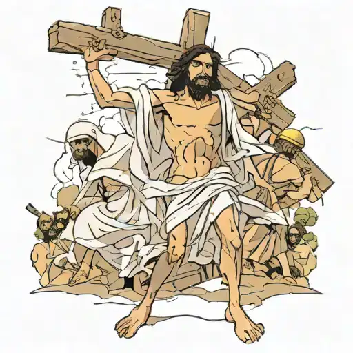 So the theme is Jesus carrying the cross to Galilee, with a crowd of people all around him, With a black man helping.  tattoo design idea