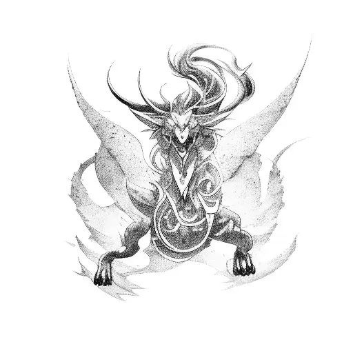 A mythical creature from anime surrounded by abstract art tattoo design idea